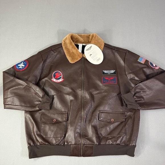 Top Gun Maverick Adult Standard LG Bomber Jacket Faux Leather Fur Collar Patches - Picture 8 of 8